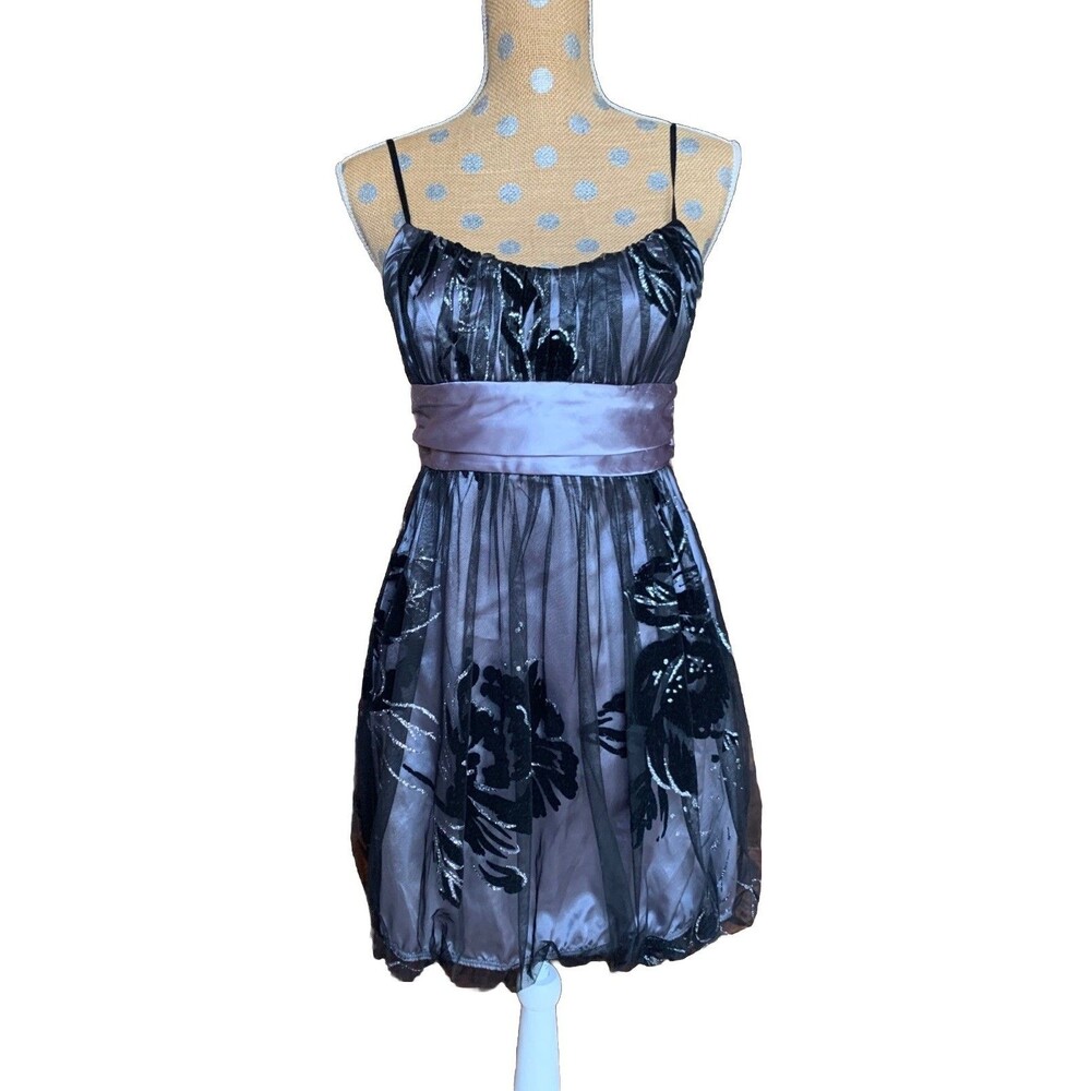 Y2K  Black Floral Velvet Burnout Empire Waist Bubble Whimsigoth Dress Sz 7